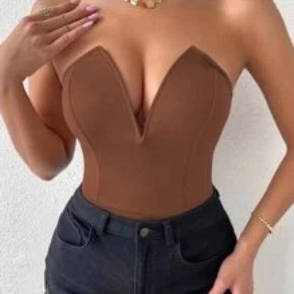 NEW! V Plunge Strapless Tank Bodysuit | BROWN - Picture 6 of 8
